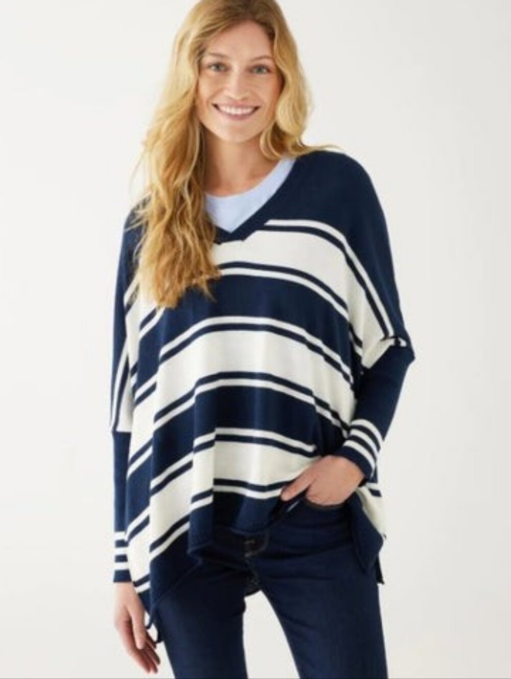 Mersea Catalina V-Neck Sweater Striped Navy Womens One Size Nautical Pullover